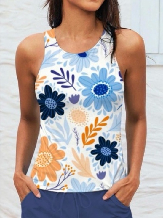 Other - Floral Print High-Neck Tankini Blue & Orange NWOT